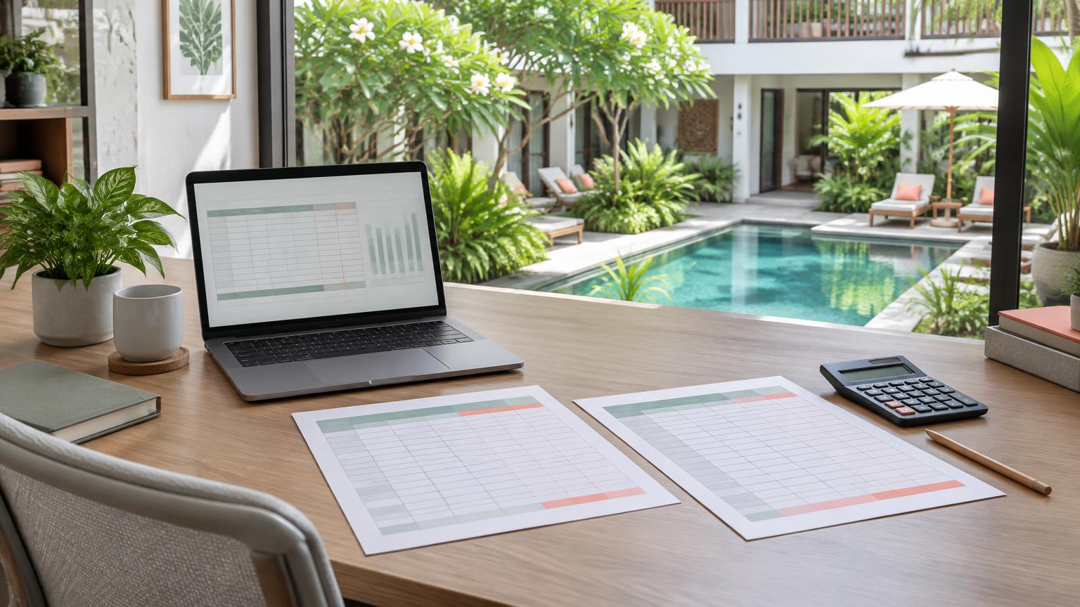 Illustrative hotel budget planning desk overlooking a boutique hotel courtyard in Thailand